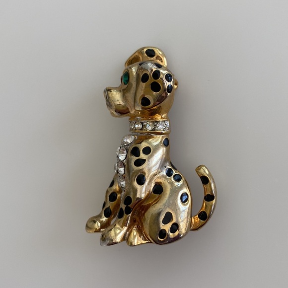 Dog Pin Gold Tone Crystal Rhinestones & Black Enamel Spots, Spotted Dog Brooch - Picture 5 of 11